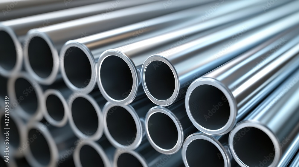 Stack of shiny, long, metallic cylinders, neatly arranged, reflecting light. Stack of shiny, long, metallic cylinders, neatly arranged, reflecting light.