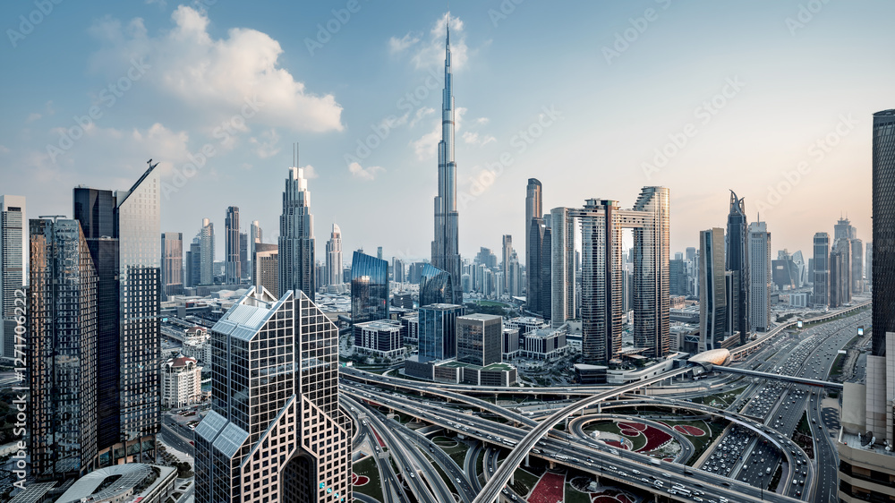 the city center of dubai in the evening sun