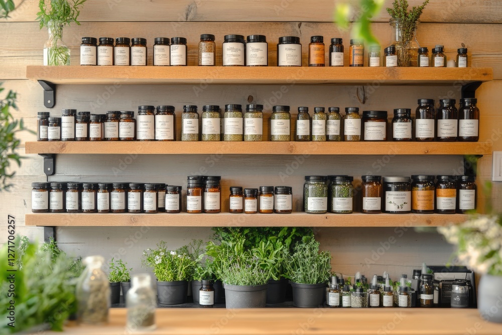 Various spices and herbs displayed on wooden shelves in a modern apothecary Various spices and herbs displayed on wooden shelves in a modern apothecary