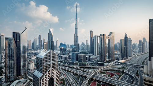 the city center of dubai in the evening sun