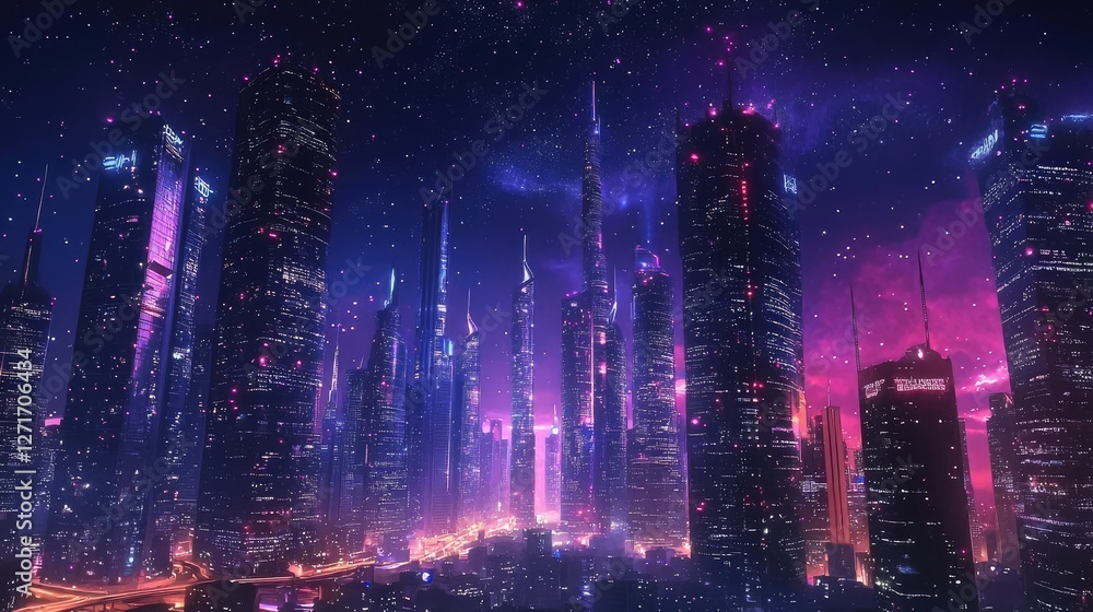 Obraz premium Futuristic city skyline with glowing lights under starry sky