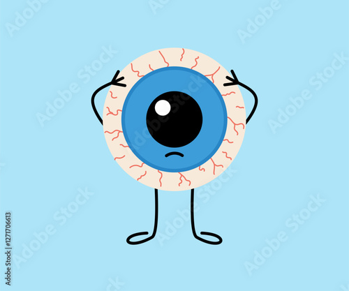 Redness capillary of eye, cute character. Irritation, inflammation from overworked, allergy, dryness. Health eyesight. Vector cartoon illustration