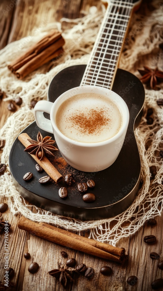 Warm Spiced Coffee with Ukulele on Wooden Table. Aromatic Coffee, Cinnamon, and Star Anise. Cozy and Delightful Beverage Still Life. Warm Spiced Coffee with Ukulele on Wooden Table. Aromatic Coffee, Cinnamon, and Star Anise. Cozy and Delightful Beverage Still Life.