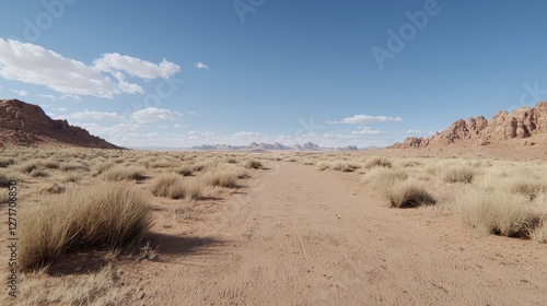 Sandy dirt path winds through an arid desert valley surrounded by dry grass and red rocky mountains under a clear blue sky.