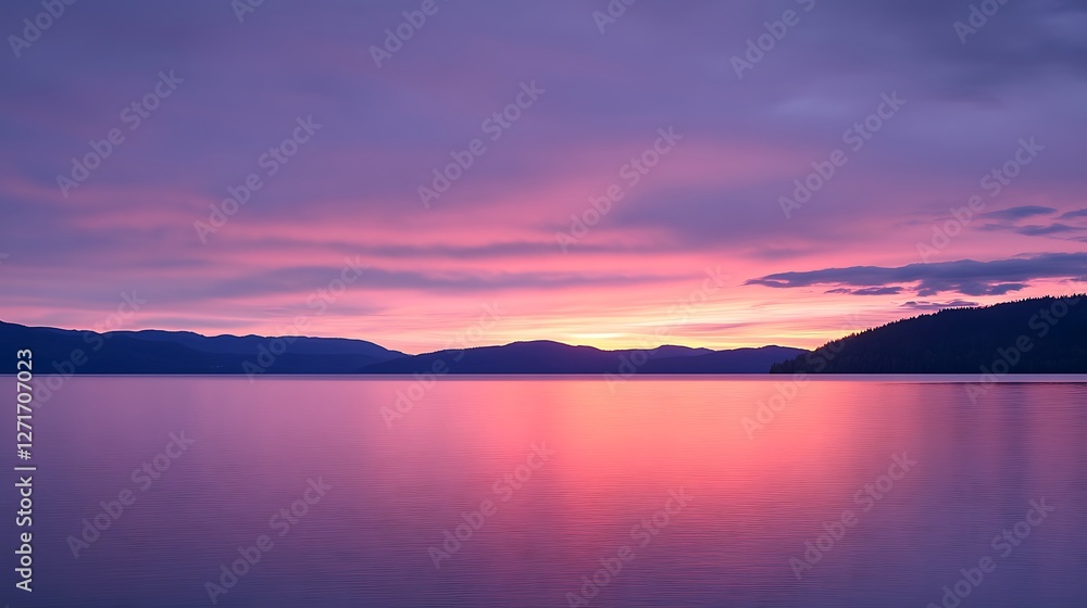Serene Sunset Over Mountain Lake Silhouette Serene Sunset Over Mountain Lake Silhouette