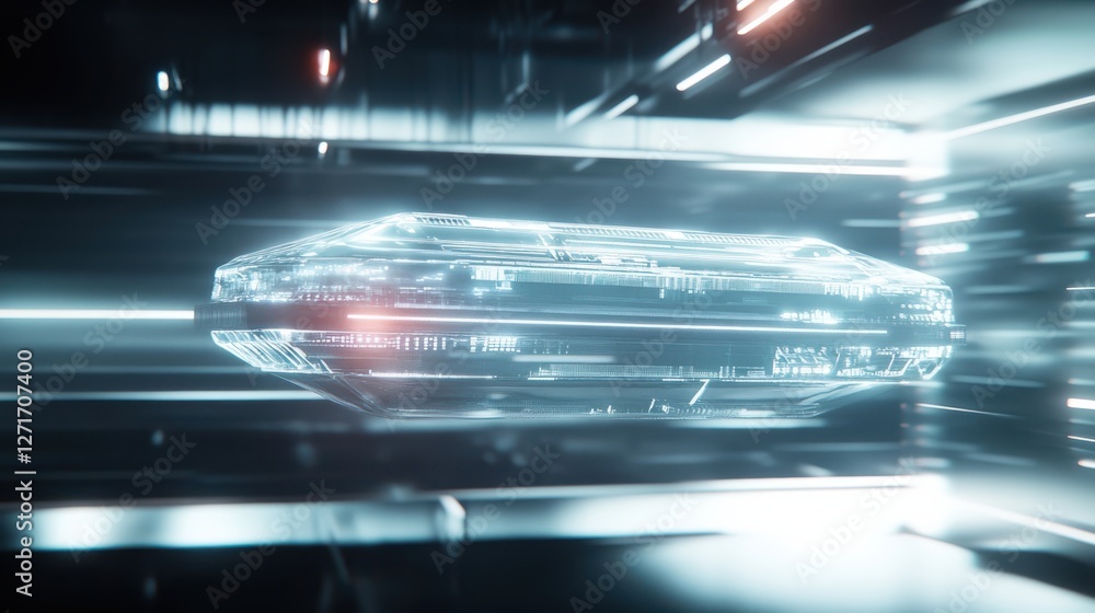 Futuristic Concept of Glowing Semi-Transparent Microchip Levitating in Digital Space with Sci-Fi Light Beams Futuristic Concept of Glowing Semi-Transparent Microchip Levitating in Digital Space with Sci-Fi Light Beams
