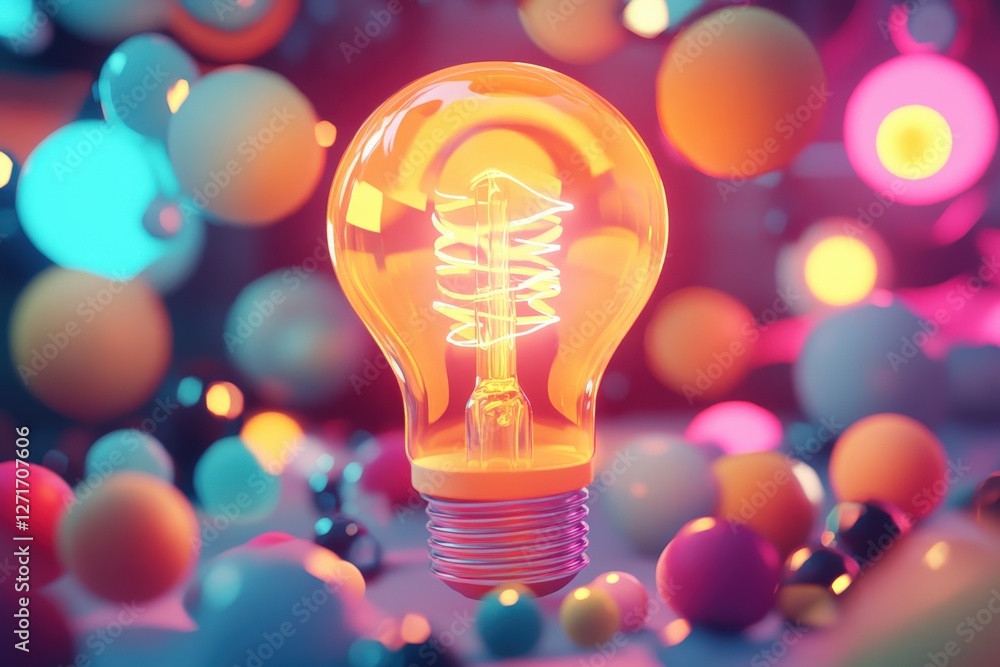 Bright light bulb shining with colorful background representing ideas and innovation