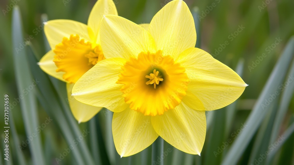 Close-up of a radiant yellow daffodil, showcasing its delicate petals and vibrant golden hues. A beautiful springtime flower. Close-up of a radiant yellow daffodil, showcasing its delicate petals and vibrant golden hues. A beautiful springtime flower.