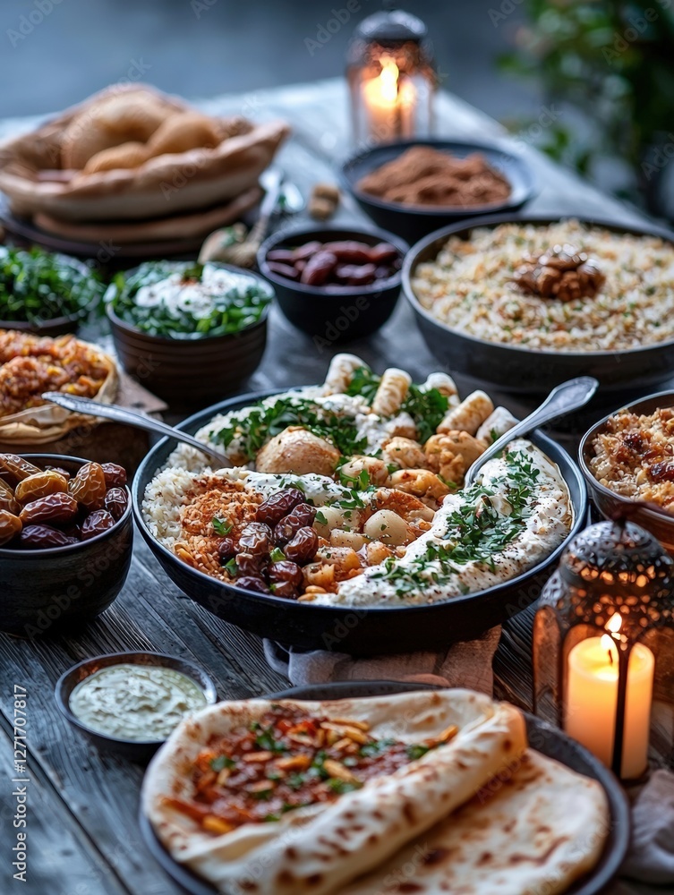 Obraz premium beautifully set table for Iftar, traditional Middle Eastern dishes, Islamic culture celebrating Ramadan, abundance of food, spirituality. festive table with dishes during Ramadan