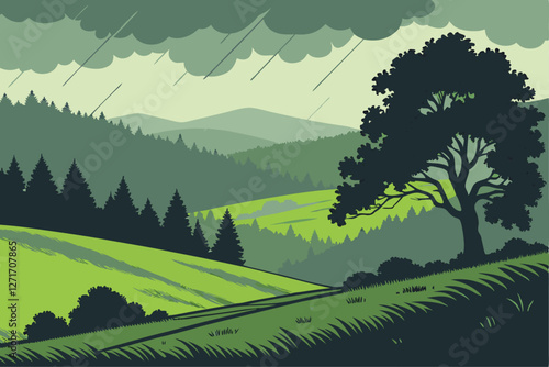  Photograph of a lush green landscape with rolling hills and a forested mountain range in the background. The sky is overcast with dark, heavy clouds, and rain is falling, creating a serene and peace