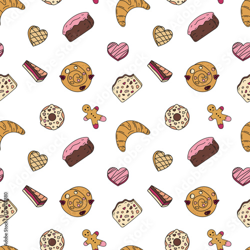 Sweets doodle Seamless pattern with bun, doughnut, croissant, chocolate cake. Vector patterns endless. Color sample pattern for fabric, packaging, background.