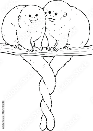 Cute line art illustration of Bolivian Gray Titi Monkeys on a tree branch