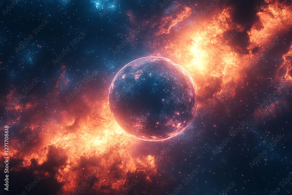 Celestial Sphere Amidst Fiery Cosmic Clouds and Starry Expanse Celestial Sphere Amidst Fiery Cosmic Clouds and Starry Expanse