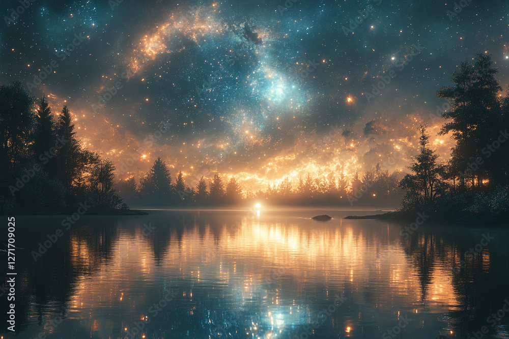 Celestial Reflection, Lake Serenity under Starry Sky Celestial Reflection, Lake Serenity under Starry Sky