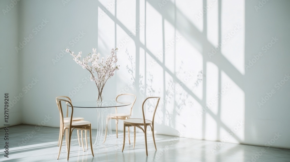 Fototapeta premium A minimalist glass dining table with modern chairs, placed in a bright, stylish apartment.