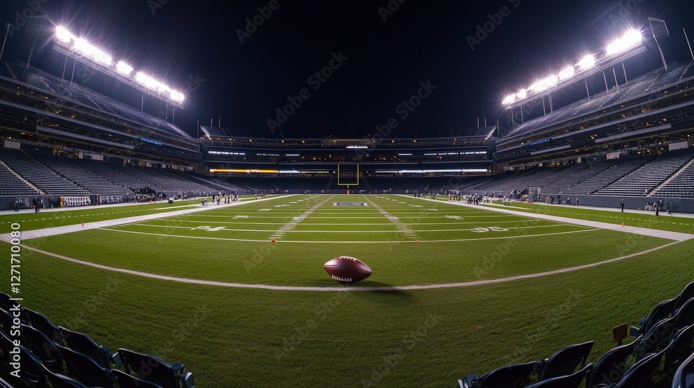 Fototapeta premium A panoramic view of an American football on the center of a stadium field, with the field lights casting long shadows and the stands empty, capturing the pre-game atmosphere.