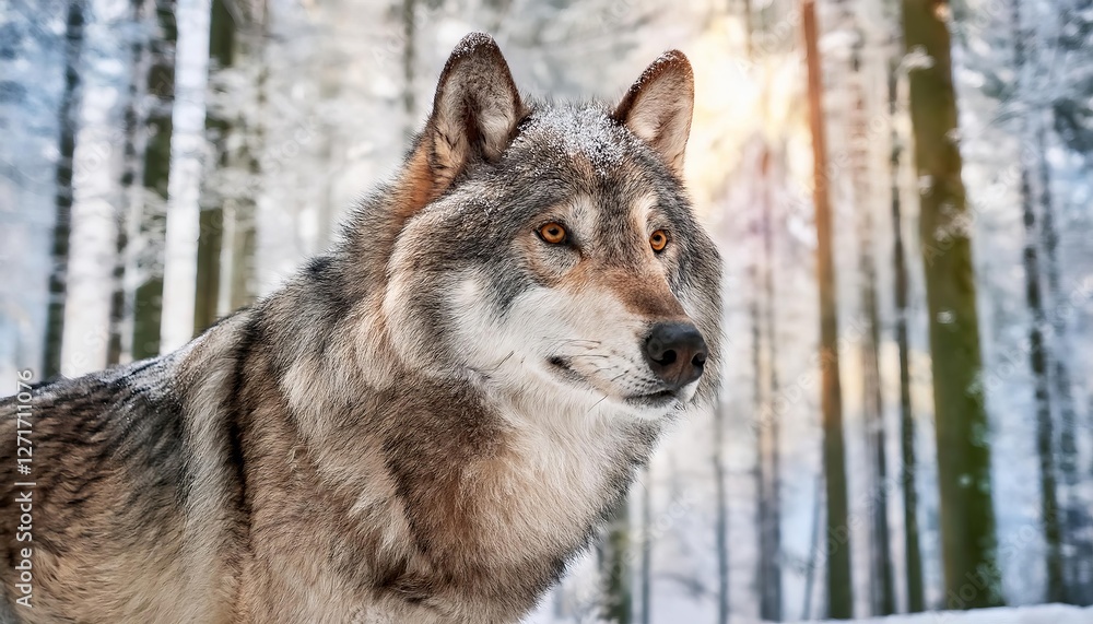 Obraz premium Majestic wolf observing winter wonderland in snowy forest