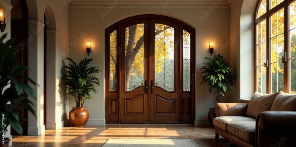 Sunlit Entryway with Ornate Wooden Double Doors and Luxurious Sofa Sunlit Entryway with Ornate Wooden Double Doors and Luxurious Sofa