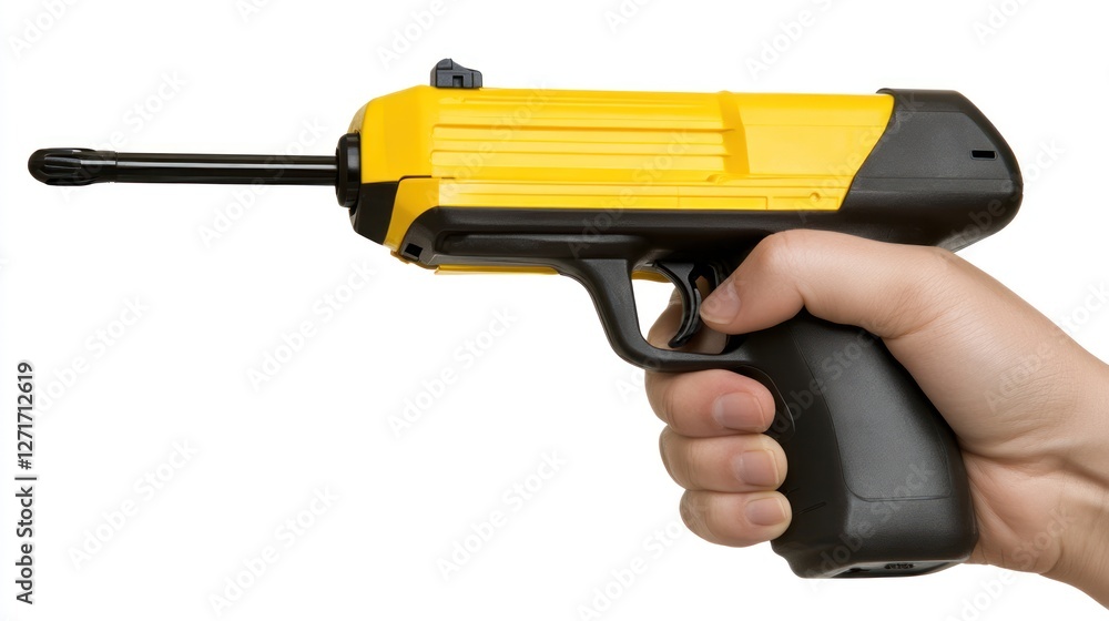 A hand holds a yellow and black caulking gun A hand holds a yellow and black caulking gun