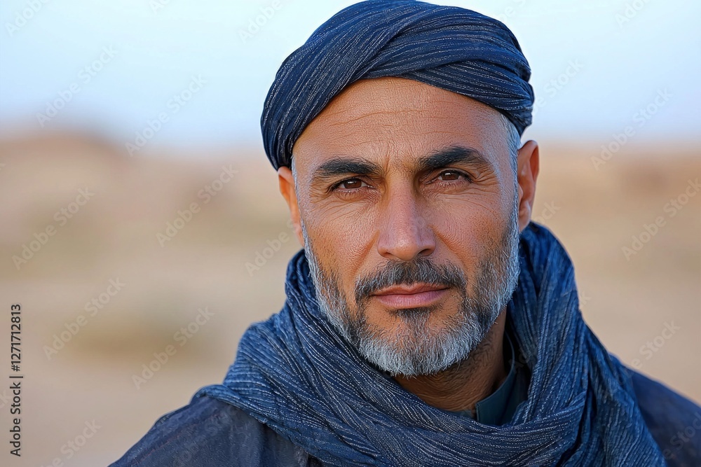 man wears dark blue jubba and taqiyah cap as he stands in beautiful desert setting wind softly moving his robe evoking sense of tradition and calm. man wears dark blue jubba and taqiyah cap as he stands in beautiful desert setting wind softly moving his robe evoking sense of tradition and calm.