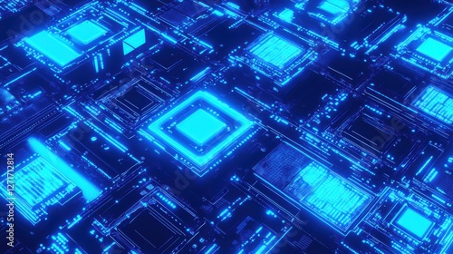 Wallpaper Mural Visually Striking Illustration of Neon Blue Microchip Patterns Forming Geometric Shapes Representing Future of Computing and AI Torontodigital.ca