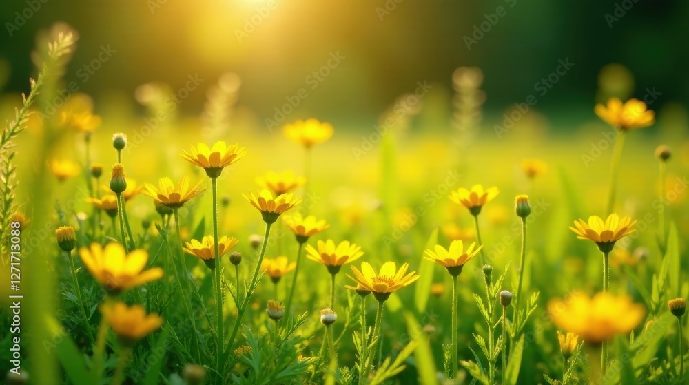 Obraz premium Golden Hour Meadow A Field of Sunlit Yellow Flowers Basking in Warm Light