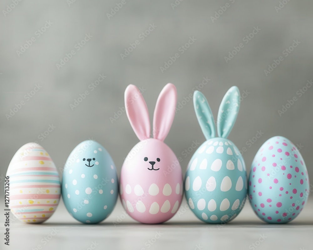 Easterthemed financial planning concept with a family budgeting their savings among decorated eggs Easterthemed financial planning concept with a family budgeting their savings among decorated eggs