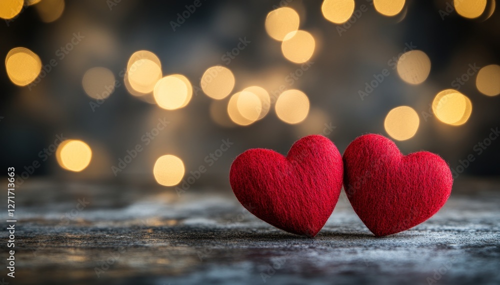 Fototapeta premium Two red felt hearts on a rustic surface with a bokeh background.