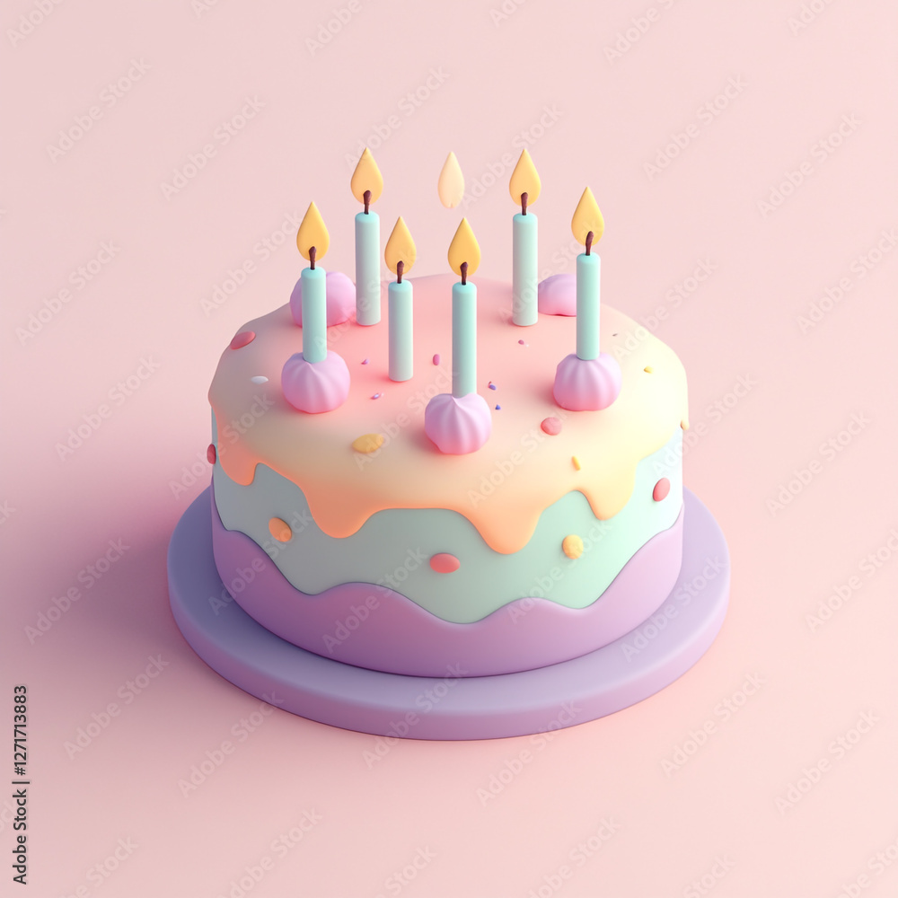 A 3D illustrated frosted cake with lit candles on top. The cake has decorative swirls of frosting and is placed on a pastel color plate against a pastel background. A 3D illustrated frosted cake with lit candles on top. The cake has decorative swirls of frosting and is placed on a pastel color plate against a pastel background.