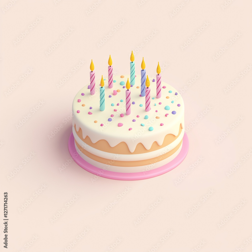 A 3D illustrated frosted cake with lit candles on top. The cake has decorative swirls of frosting and is placed on a pastel color plate against a pastel background. A 3D illustrated frosted cake with lit candles on top. The cake has decorative swirls of frosting and is placed on a pastel color plate against a pastel background.