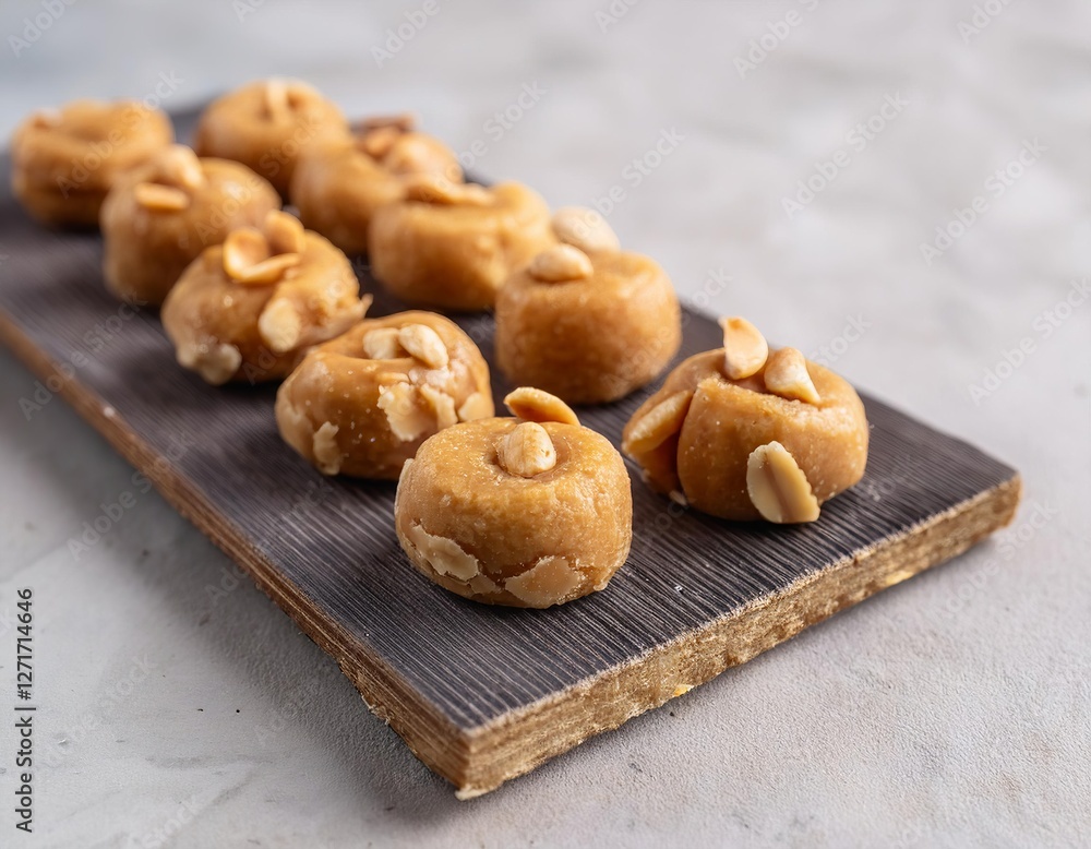 Homemade low carb peanut butter candy garnished with peanuts on wooden board Homemade low carb peanut butter candy garnished with peanuts on wooden board
