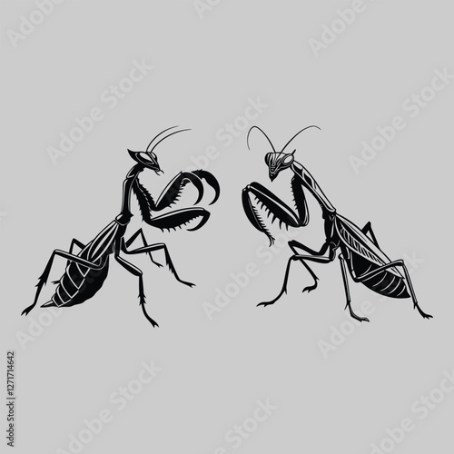 a praying mantis in an attack pose silhouette vector design art and illustration