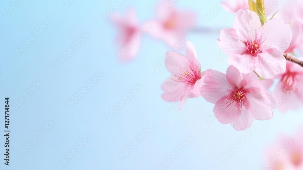 Pink Cherry Blossoms Against a Light Blue Background Pink Cherry Blossoms Against a Light Blue Background
