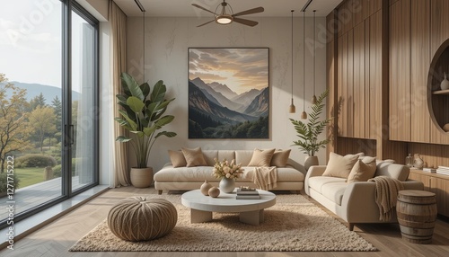 Chic living room design with mountain perspective