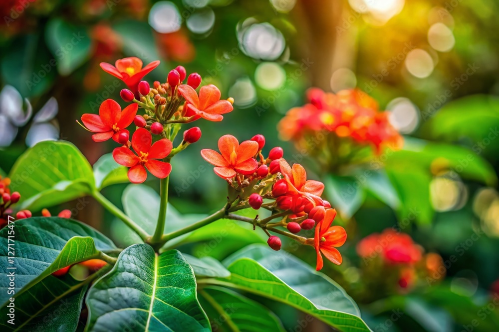 Cotton Leaved Jatropha Flower Close-up with Blurred Background - Architectural Photography Cotton Leaved Jatropha Flower Close-up with Blurred Background - Architectural Photography