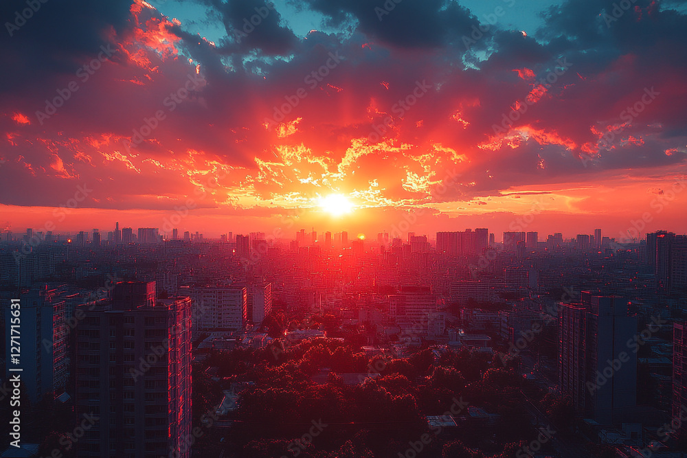Crimson Dusk Cityscape, Fiery Sunset over the Urban Expanse Crimson Dusk Cityscape, Fiery Sunset over the Urban Expanse
