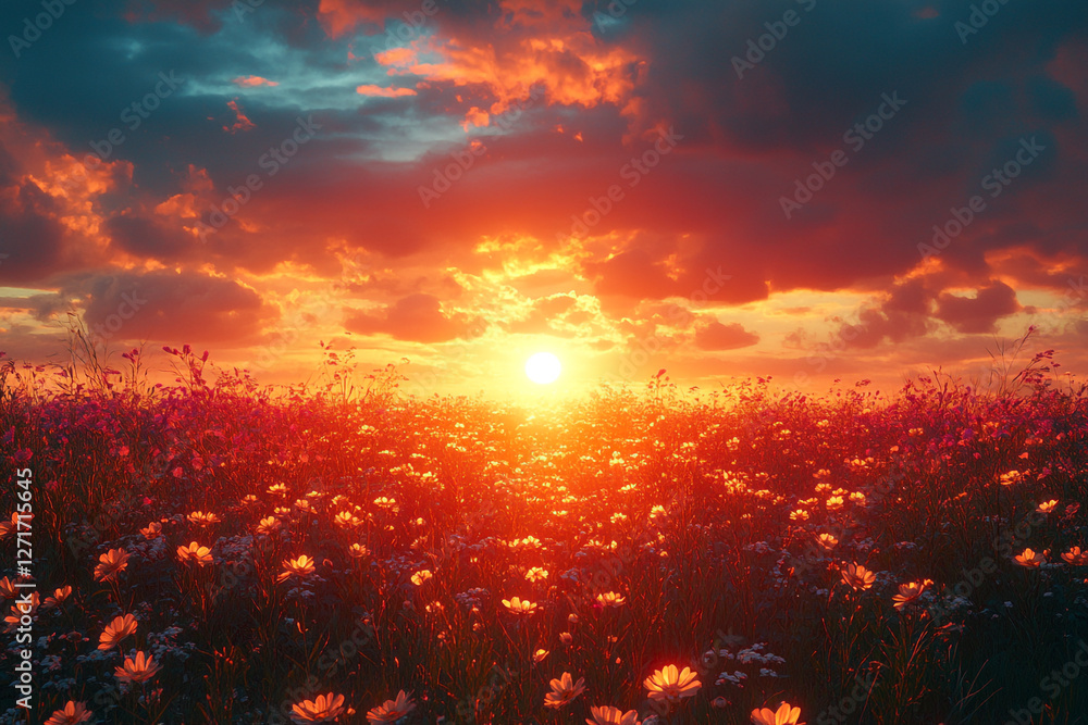 Ephemeral Bloom, Golden Hour Illuminating a Floral Meadowscape Ephemeral Bloom, Golden Hour Illuminating a Floral Meadowscape