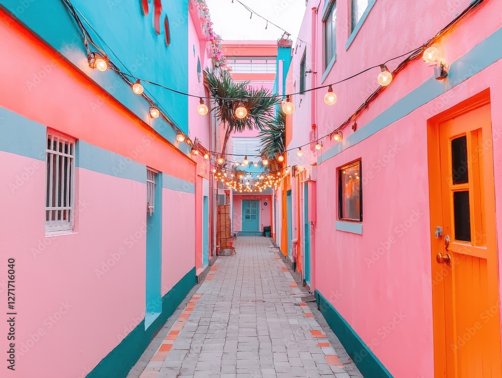 Obraz premium Vibrant alley with colorful walls and string lights creating a cozy atmosphere.