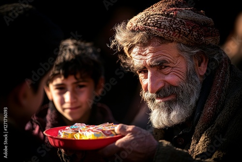 Muslim father and son share smiles as they give school supplies underprivileged children in refugee camp. moment captures appreciation and joy during Eid al Fitr. photo