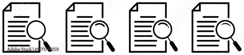 Magnifying glass over paper document icon set collection. File checking vector document icon. Paper verification icon with magnifying glass. Magnifier tool on business file. Vector illustration 