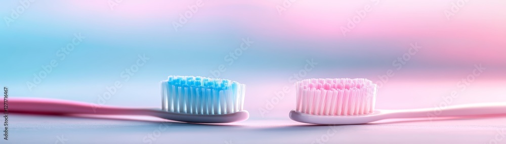 Two toothbrushes with pink and blue toothpaste, maintaining daily oral hygiene for a healthy smile Two toothbrushes with pink and blue toothpaste, maintaining daily oral hygiene for a healthy smile