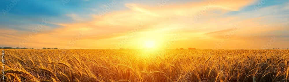 Fototapeta premium Golden sunset over a wheat field, serene landscape of nature's beauty 