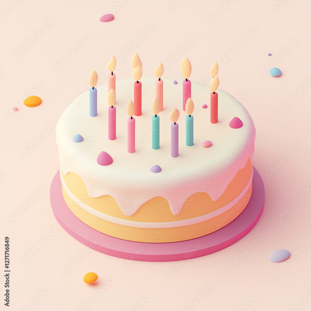 A 3D illustrated frosted cake with lit candles on top. The cake has decorative swirls of frosting and is placed on a pastel color plate against a pastel background. A 3D illustrated frosted cake with lit candles on top. The cake has decorative swirls of frosting and is placed on a pastel color plate against a pastel background.