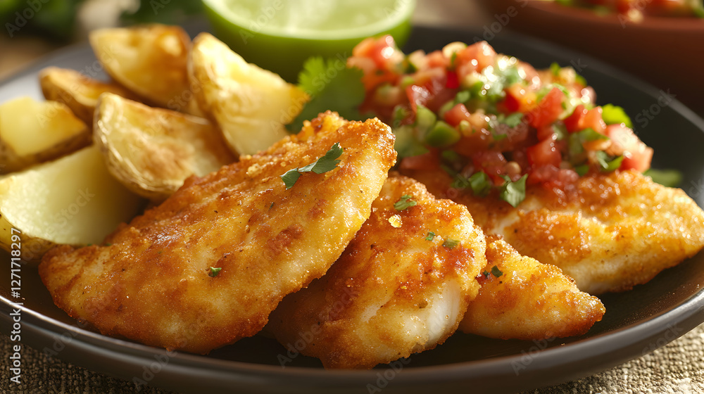 Beer-battered fish fillets served with a side of crispy potato wedges and salsa. Beer-battered fish fillets served with a side of crispy potato wedges and salsa.