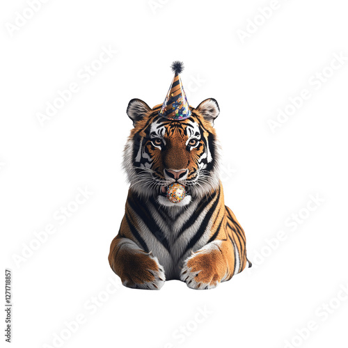 Festive Tiger with Party Hat and Confetti Ball