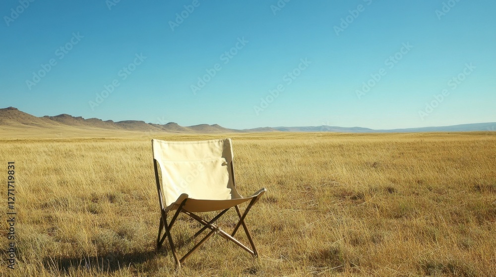 A safari-style folding canvas chair set in the middle of an open savanna. A safari-style folding canvas chair set in the middle of an open savanna.