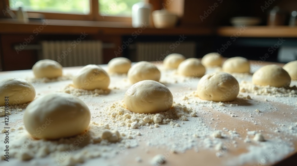 Preparing Homemade Dough Balls for Baking A Rustic Kitchen Scene Preparing Homemade Dough Balls for Baking A Rustic Kitchen Scene