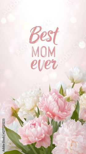 Mothers Day floral background with white and pink flowers, text Best Mom ever, holiday celebration postcard