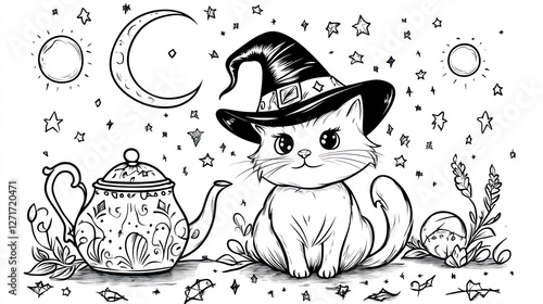 Cute witch cat with teapot, starry night background, coloring page photo