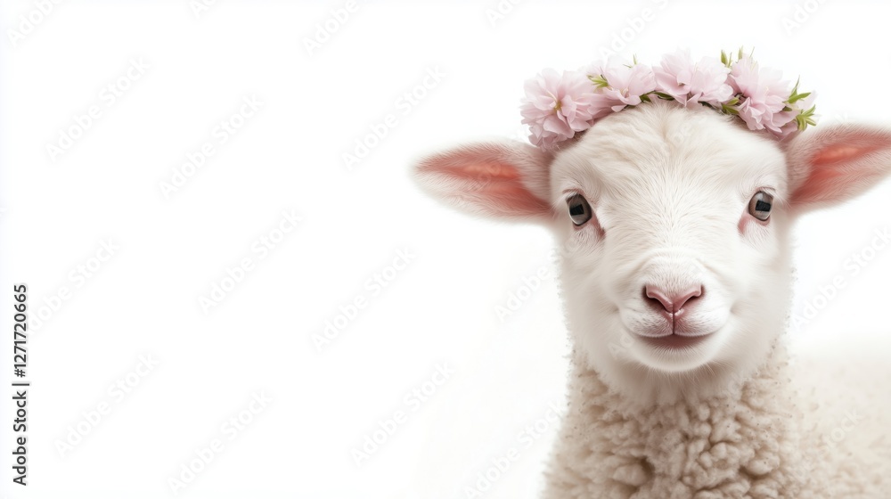 Fototapeta premium A fluffy white lamb wearing a floral crown against a white background.